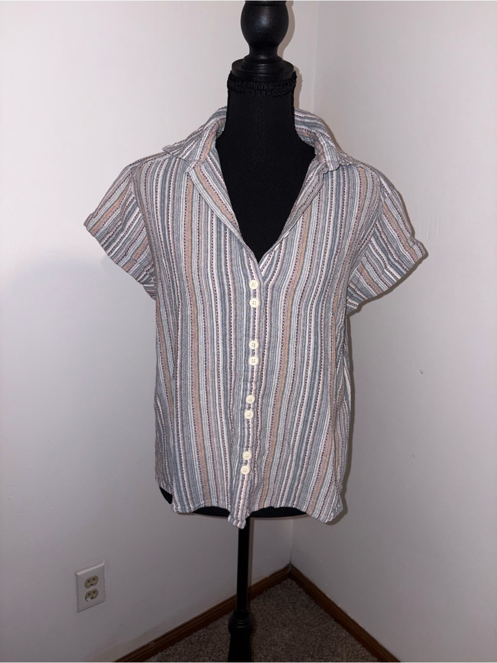 Striped Short-Sleeve Button-Down Shirt in White, Gray & Tan